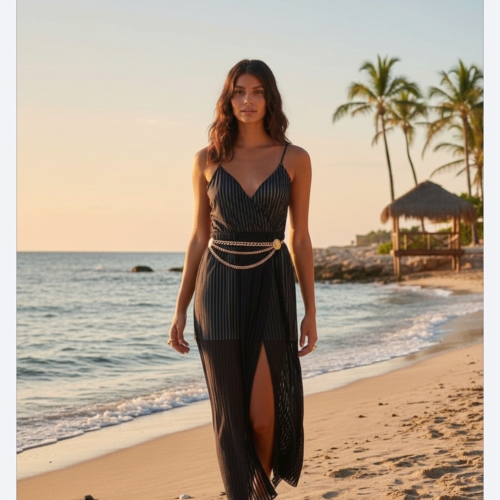 BEACH BUNNY " HAVEN " SHEER STRIPE MAXI DRESS NWT!